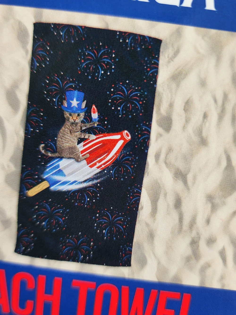 Patriotic Cat Rocket Beach Towel - Blue Red White